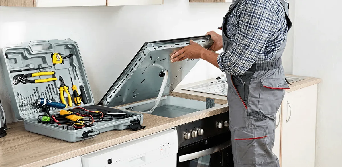 Handyman repairing a cooktop and checking wiring connections in New Haven, CT