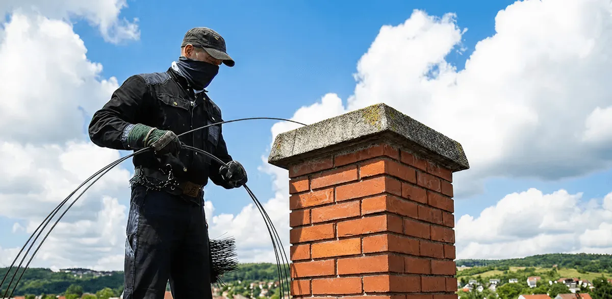 Chimney sweep cleaning a brick chimney with professional tools in New Haven, CT
